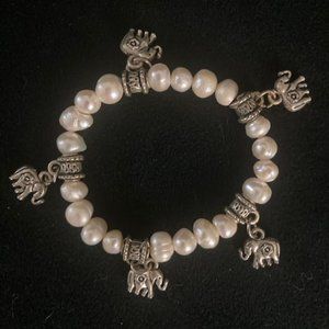 Pearl and silver elephant charms stretch elastic bracelet